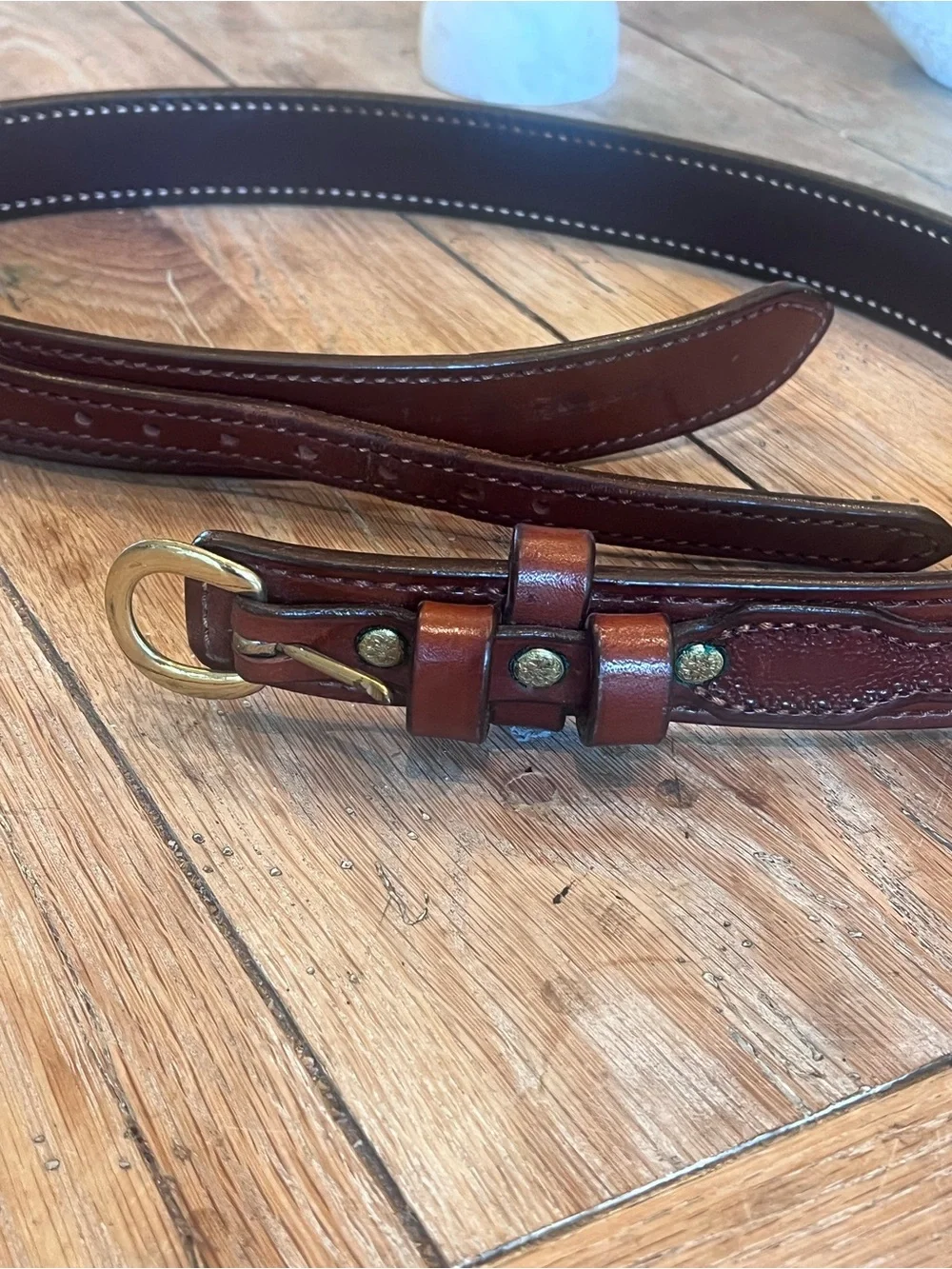 Men's Brown Leather Dress Belt with Polished Brass Buckle Fits 31” Waist Western